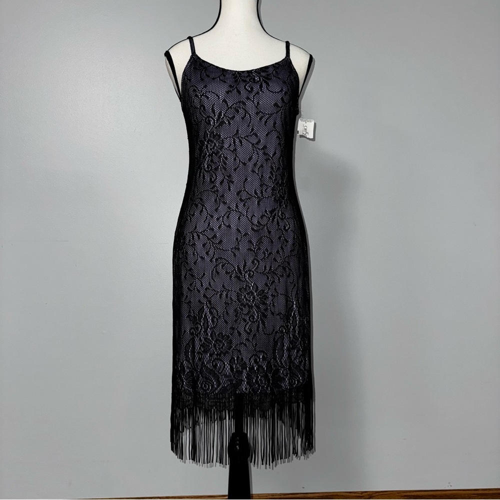 NWT Vintage Harlow Fringe Hem Flapper Style Lace Dress Purple Black Petites 6